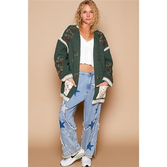 NWT POL‎ Embroidered Open Front Quilted Jacket with Crochet Pockets - Picture 6 of 6